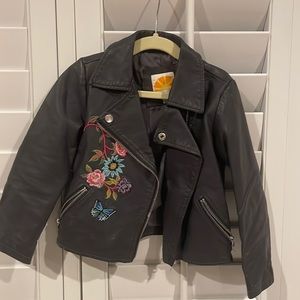 C&C California Black Leather Jacket with Flower Details - Size 4T